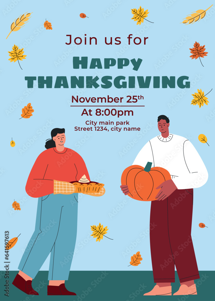 Thanksgiving day poster. Happy Thanksgiving Day Food. Autumn Fall Season. Flat vector Illustration. Vector illustration Thanksgiving day poster. Happy Thanksgiving Day Food. Autumn Fall Season. Flat vector Illustration. Vector illustration