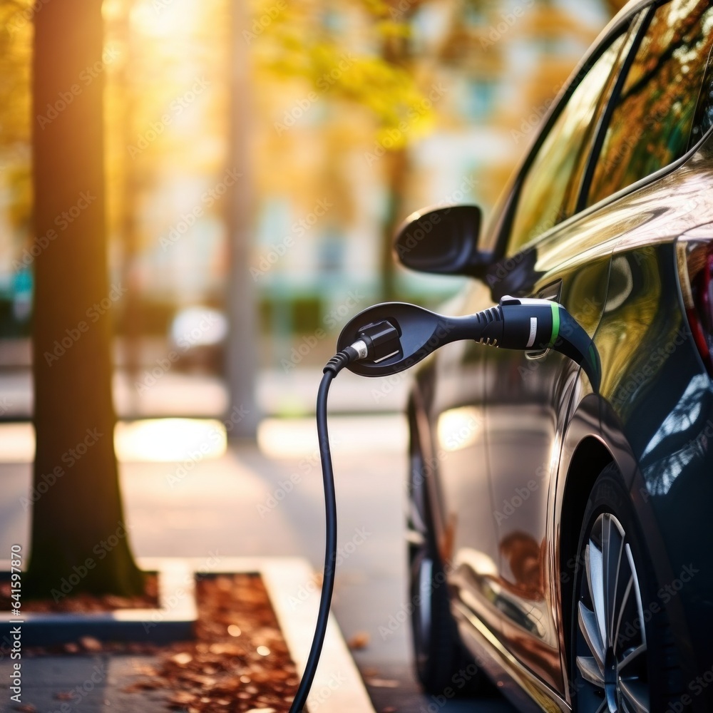Close up details of future technology, electric car charging from charging station. EV car charging Close up details of future technology, electric car charging from charging station. EV car charging