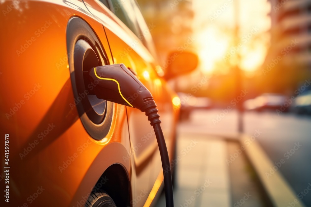 Close up details of future technology, electric car charging from