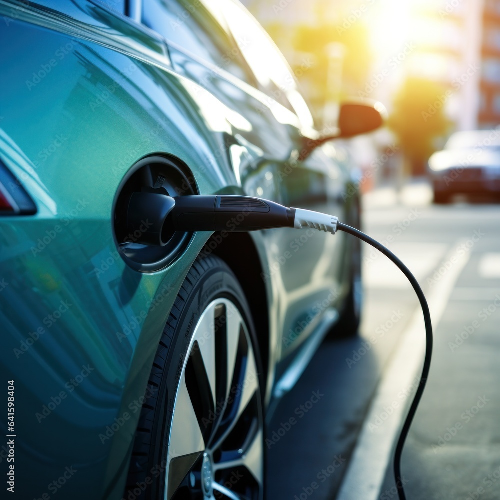 EV car charging from city street. Close up details of future technology of electric cars charging EV car charging from city street. Close up details of future technology of electric cars charging