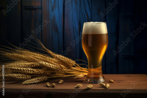 A glass of beer and barley on the wooden table with dark wooden background, craft beer, Internationnal beer day and oktoberfest concept.