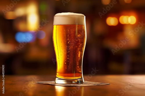 A pint of beer on the table with blurred pub background, close up shot, Internationnal beer day concept.