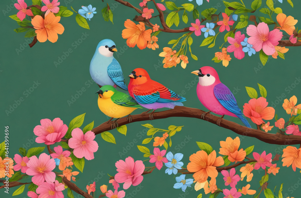 Colorful birds on a branch surrounded by pink and orange flowers.