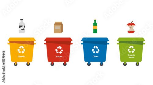 Recycling of waste. Garbage cans for sorting garbage. Paper, plastic, glass, organic garbage. Vector illustration