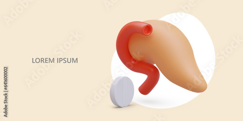 Treatment of pancreas. Analgesia, diagnosis, drug prescription. Services of gastroenterologist. Prevention of pancreatitis. Horizontal banner for web design. Advertising for social networks