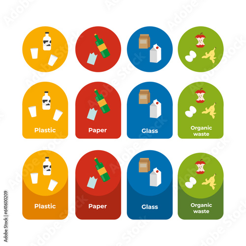 Recycling of waste. Stickers for sorting garbage. Paper, plastic, glass, organic garbage. Vector illustration