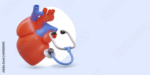 3D heart, phonendoscope. Heart rate monitoring, pulse control. Services of cardiologist. Treatment of chronic heart diseases, operations, shunting. Horizontal template for web design