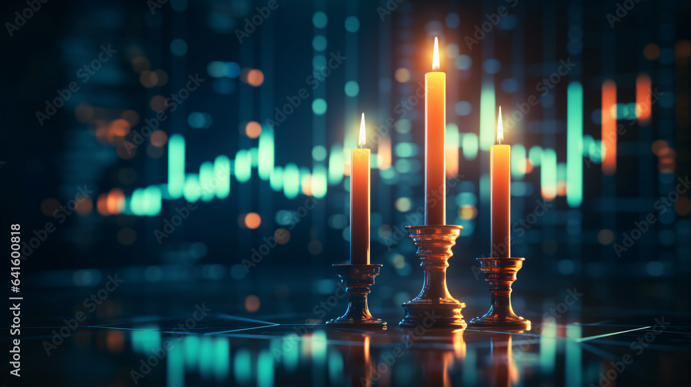 Glowing candlestick forex chart on blurry bokeh background