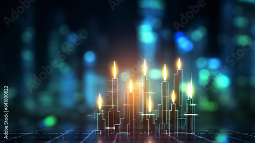 Glowing candlestick forex chart on blurry bokeh background