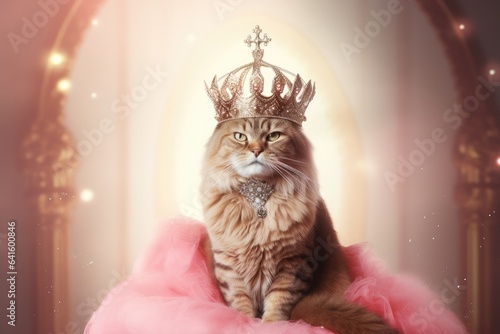 Cat in a princess pink costume portrait as a historical funny portrait. Crown and palace interior on the background. Funny pets as royals