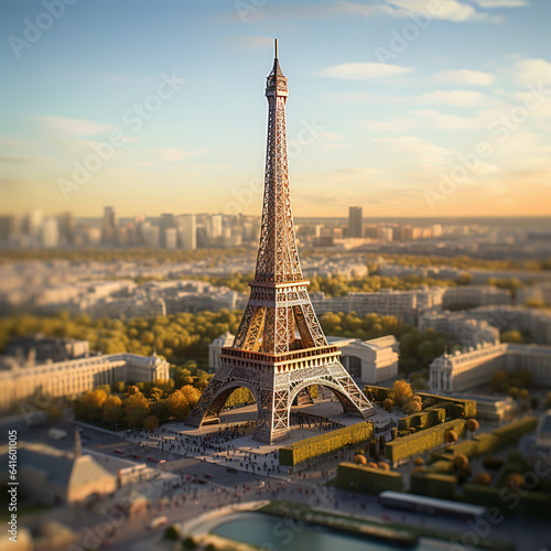 View of the Eiffel Tower in the evening with tilt shift effect
