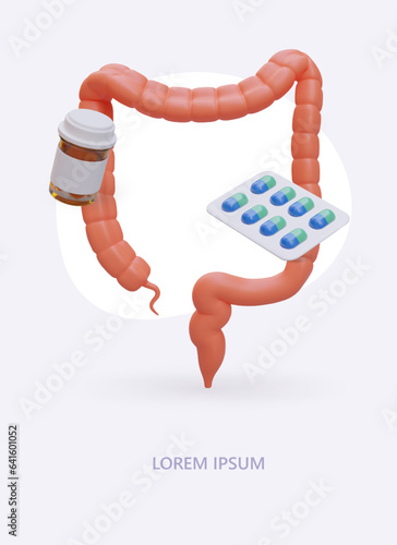 Treatment of colon diseases. Ulcerative colitis, diverticulitis, constipation. Vertical poster with realistic composition, text. Floating vector objects