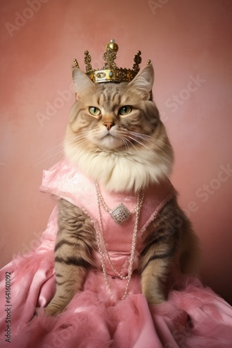 Cat in a princess pink costume portrait as a historical funny portrait. Crown and palace interior on the background. Funny pets as royals