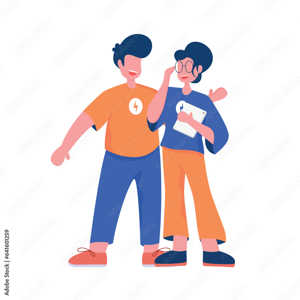Flat design illustration of start up couples blue and orange color, teenage boys and teenage girls