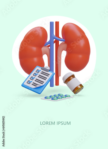 Kidney treatment. Pyelonephritis, urolithiasis, inflammation. Vertical poster with colorful background, realistic illustration, place for text. Services of nephrologist
