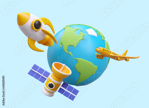 Flights around Earth. 3D space rocket, satellite, plane. Composition in cartoon style. Color vector concept of travel, data transfer. Development of aviation and cosmonautics