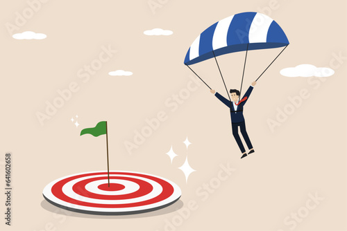 Mission completed or achieving targets, business strategies or goals, vision, missions and values, motivation or goals, brave entrepreneurs parachuting towards the point of success.