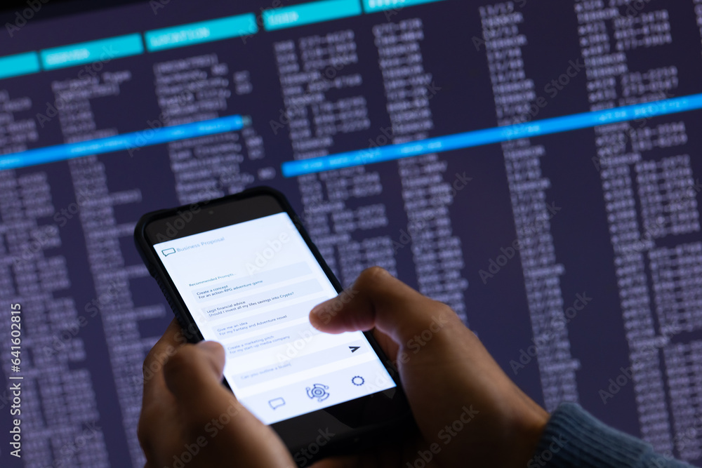 Biracial businessman using smartphone and data processing on screen background Biracial businessman using smartphone and data processing on screen background