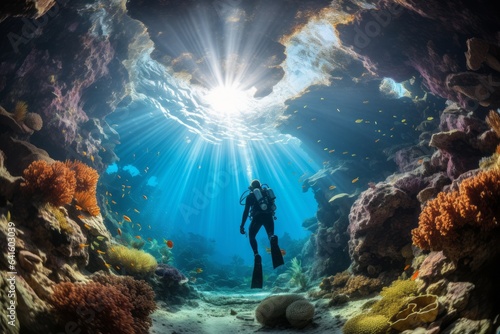 Fototapeta Diver Gracefully Descending Into The Coral Reef, Generative AI