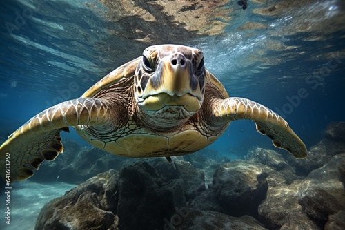 Professional Underwater Photographer Capturing A Sea Turtle, Generative AI 