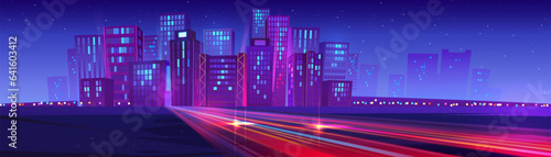 Night neon city with speed road motion background. Abstract skyscraper cityscape bright laser way. Power highway glow in metaverse landscape. Fast energy trail view on speedway urban illustration
