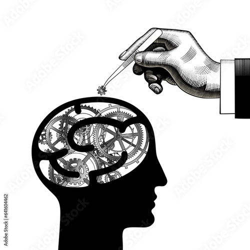 Brain work. The theme of education is putting knowledge into the head. A hand with tweezers inserting a gear wheel into a human head with a brain in the form of a mechanism. Vector illustration