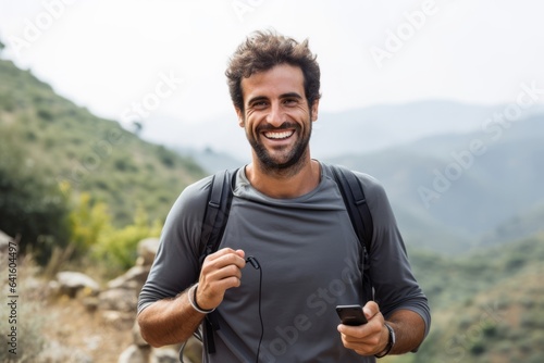 Portrait of smiling man using mobile phone while walking on mountain trail © igolaizola