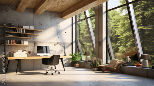 Loft concrete and wooden office interior with window