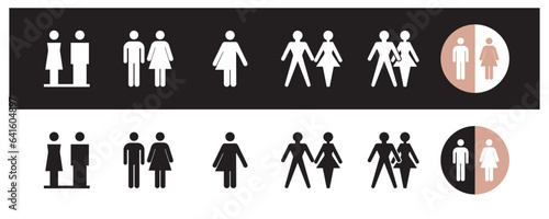 Man, woman and unisex icons set. Male, female and sign and symbol. Girls and boys toilet sign printable public signage symbol. WC and restroom area label. Vector.