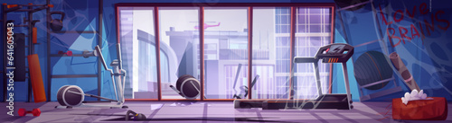 Abandoned and closed gym with broken exercise machines and sports equipment. Cartoon vector dirty smashed fitness club room with destroyed physical training gear, scattered garbage and cobwebs.