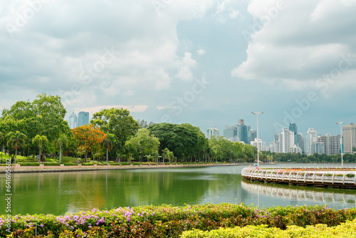 Benchakitti Forest Park and city view in Bangkok, Thailand photo