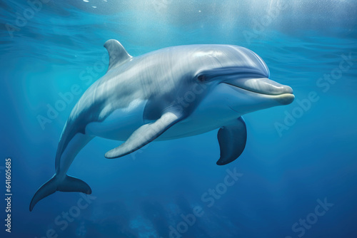 Dolphin in blue transparent water close-up