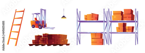 Warehouse interior with box and pallete vector. Forklift and rack equipment for hangar stockroom isolated clipart on white background. Distribution office icon design for goods in container shipment