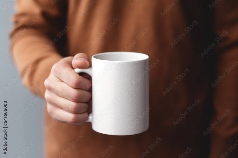 Closeup of hand holding of white mug or cup isolated Generative AI. Closeup of hand holding of white mug or cup isolated Generative AI.