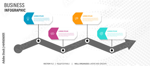 4 Steps Road map modern timeline diagram with circle topic chart and business icons 