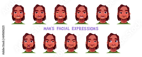 Sad and happy man character facial expression set. Different cartoon male avatar icon with unhappy, smile, scared, surprised and upset handsome boy student mood. Isolated human feeling and reaction