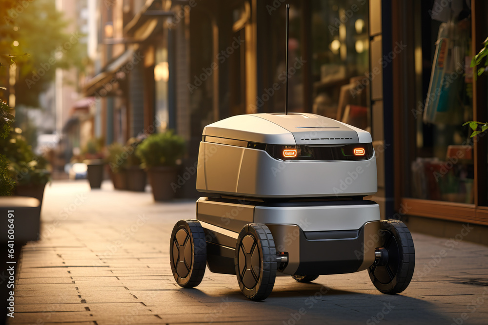 A modern delivery robot rides along a city street. - obrazy, fototapety, plakaty 