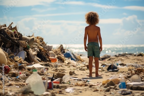 An unrecognizable child stands on a littered beach. Pollution of the oceans and coasts.