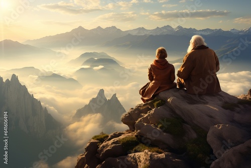 An elderly couple of travelers sit on top of a mountain and look at the landscape. © Vitalii Vodolazskyi