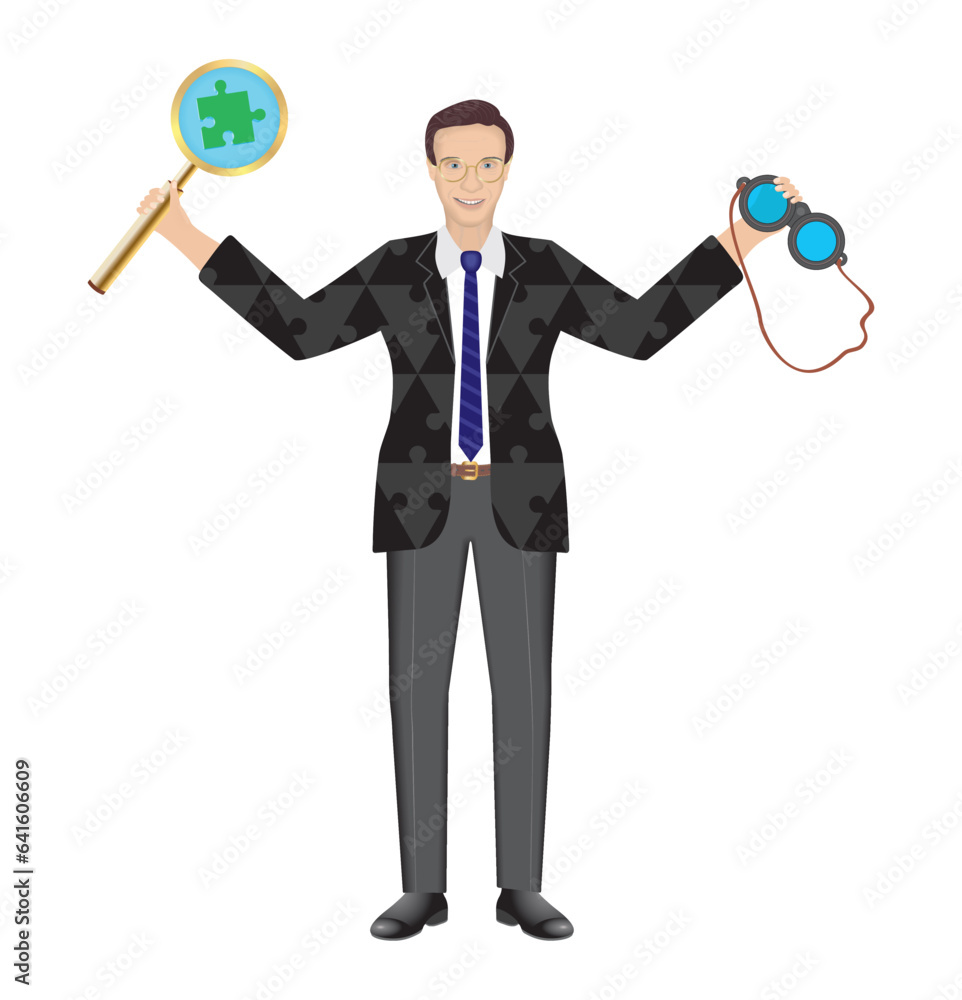 Man with magnifying glass with green jigsaw piece and binoculars. Isolated. Vector illustration.
Man with magnifying glass with green jigsaw piece and binoculars. Isolated. Vector illustration.