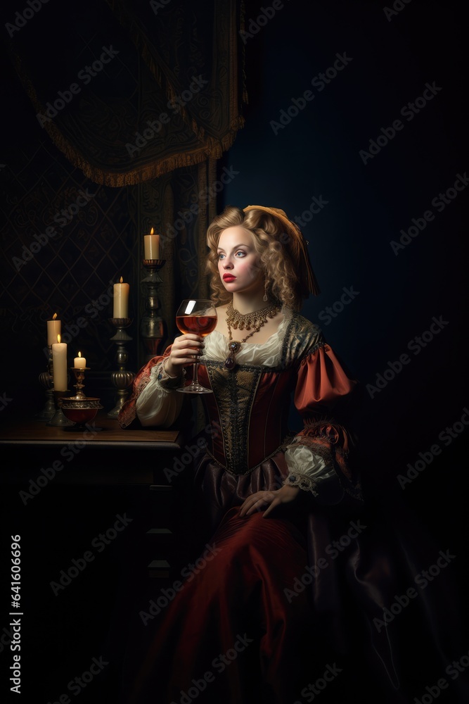 Royal woman with a glass of wine. Funny historical portrait, middle ages royal aesthetics. Queen or princess drinking alcohol. Royal woman with a glass of wine. Funny historical portrait, middle ages royal aesthetics. Queen or princess drinking alcohol.