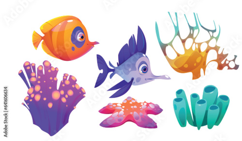 Underwater seaweed, coral reef and fish cartoon vector illustration set. Various bright colored marine or aquarium plants and animals. Sea and ocean tropical vibrant creatures - aquatic habitat.