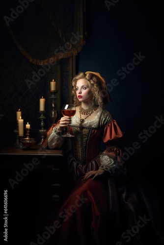Royal woman with a glass of wine. Funny historical portrait, middle ages royal aesthetics. Queen or princess drinking alcohol.