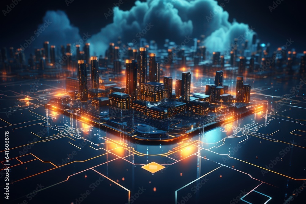 Cloud computing technology concept. Smart city and digital cloud data center.Futuristic big data processing cloud. Generative AI Cloud computing technology concept. Smart city and digital cloud data center.Futuristic big data processing cloud. Generative AI