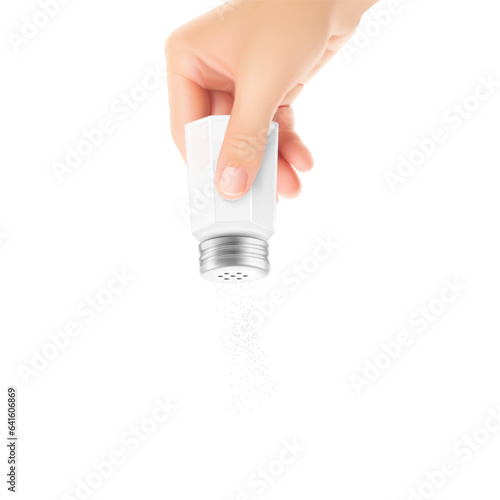Realistic salt shaker mockup hold hand. Vector illustration isolated on white background, ready and simple to use for your design. ESP10.