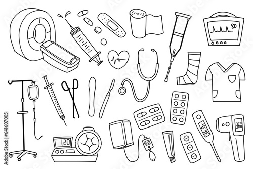 Hand-drawn rough line medical motif illustration set