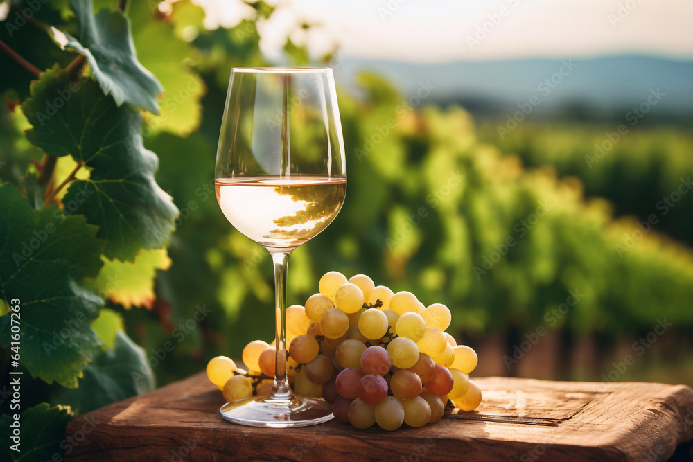 A glass of white wine with grapes in the vineyard