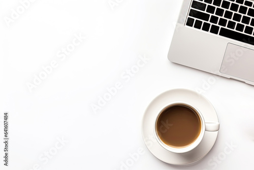 Office desk table with keyboard and coffee cup. Top view with copy space