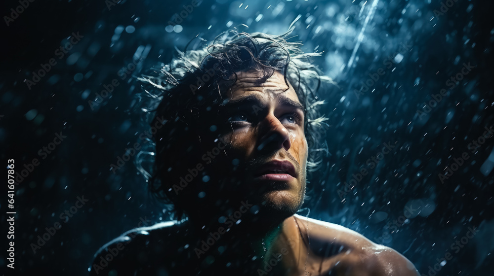 Swimming in a vast ocean portrait of a man on dark background with a place for text photorealism Swimming in a vast ocean portrait of a man on dark background with a place for text photorealism