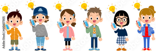 携帯電話で通話中にひらめく子どもたちの全身
